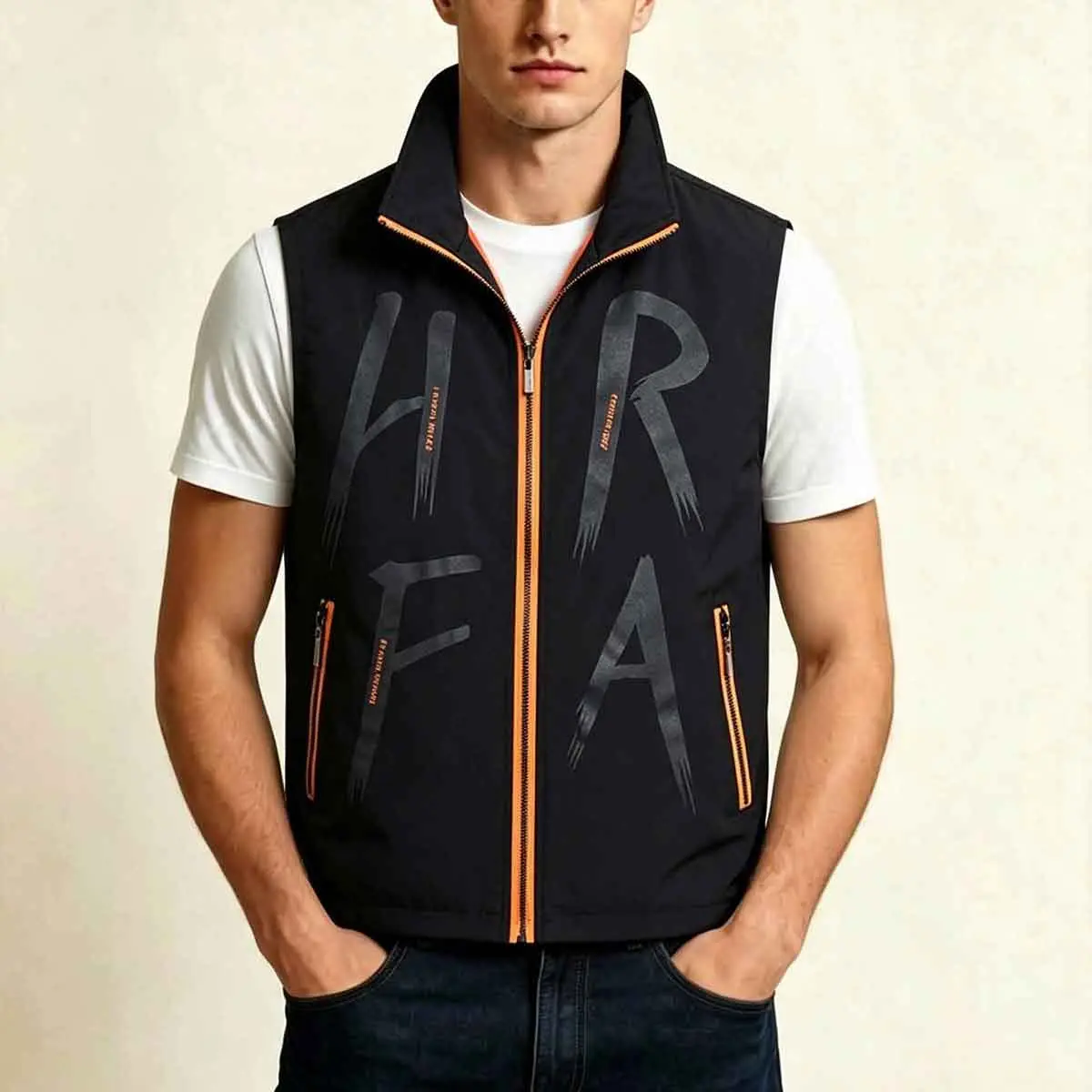 Men's letter printed stand up collar sleeveless vest, full zipper casual outer vest, contrasting border zipper safety pocket vest, lightweight windproof shell, loose and loose fit, perfect for daily outings, hiking, and travel