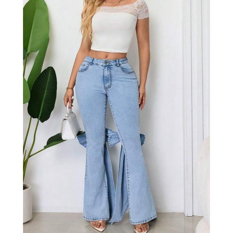 Fashion Women's Jeans High Waist Stretch Bow Trimmed Flared Jeans