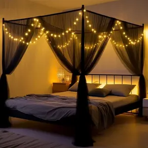 Elegant Mosquito Net Bed Canopy with 66ft LED Star String Lights, Black Netting Four Corner Post Curtains, 86.6"W x 79"L x 102"H for King Queen Full Beds