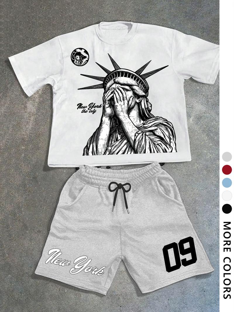 Men's Statue Of Liberty & Letter Print Short Sleeve Tee & Shorts Two-piece Set, Regular Fit Casual Round Neck T-shirt & Track Shorts, Men's Summer Clothes