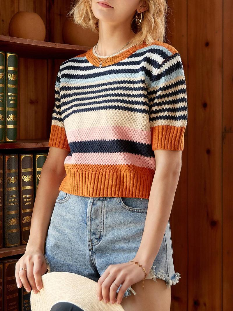 Women's Striped Knit Top, French Commute Style, Chic Casual Jumper, Spring Summer Casual Loose Fit Short Sleeve Round Neck Blouse (pattern Random)