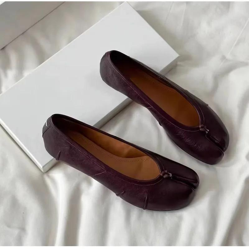 New Soft Leather Split Toe Women Tabi Ballet Flats Spring Autumn Comfortable Walking Lazy Loafers Casual Girls Dance Shoes