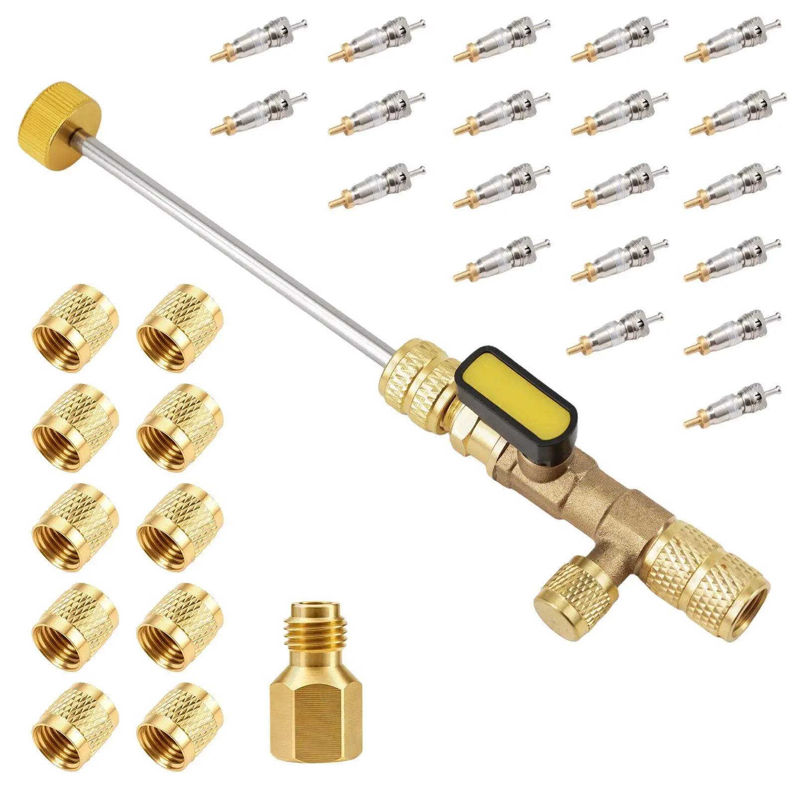 AC Valve Core Remover Installer Tool with Dual-Size SAE Ports (1/4,5/16), 20 Teflon-Seal Cores, 10 Brass Nuts, Ball Valve, Anti-Slip Design, Easy to Install, for Home HVAC (R22,R12,R407,R410,R404,R32,R600), Father’s Day Gift, TikTokShopBlackFriday, 20 Pcs