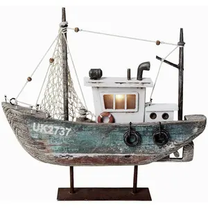 Sailboat Nautical Decor with LED Light - Decorative Sailing Boat Model Beach Themed Ship Table Centerpiece Rustic Distressed  Decoration  Figurine Ornaments