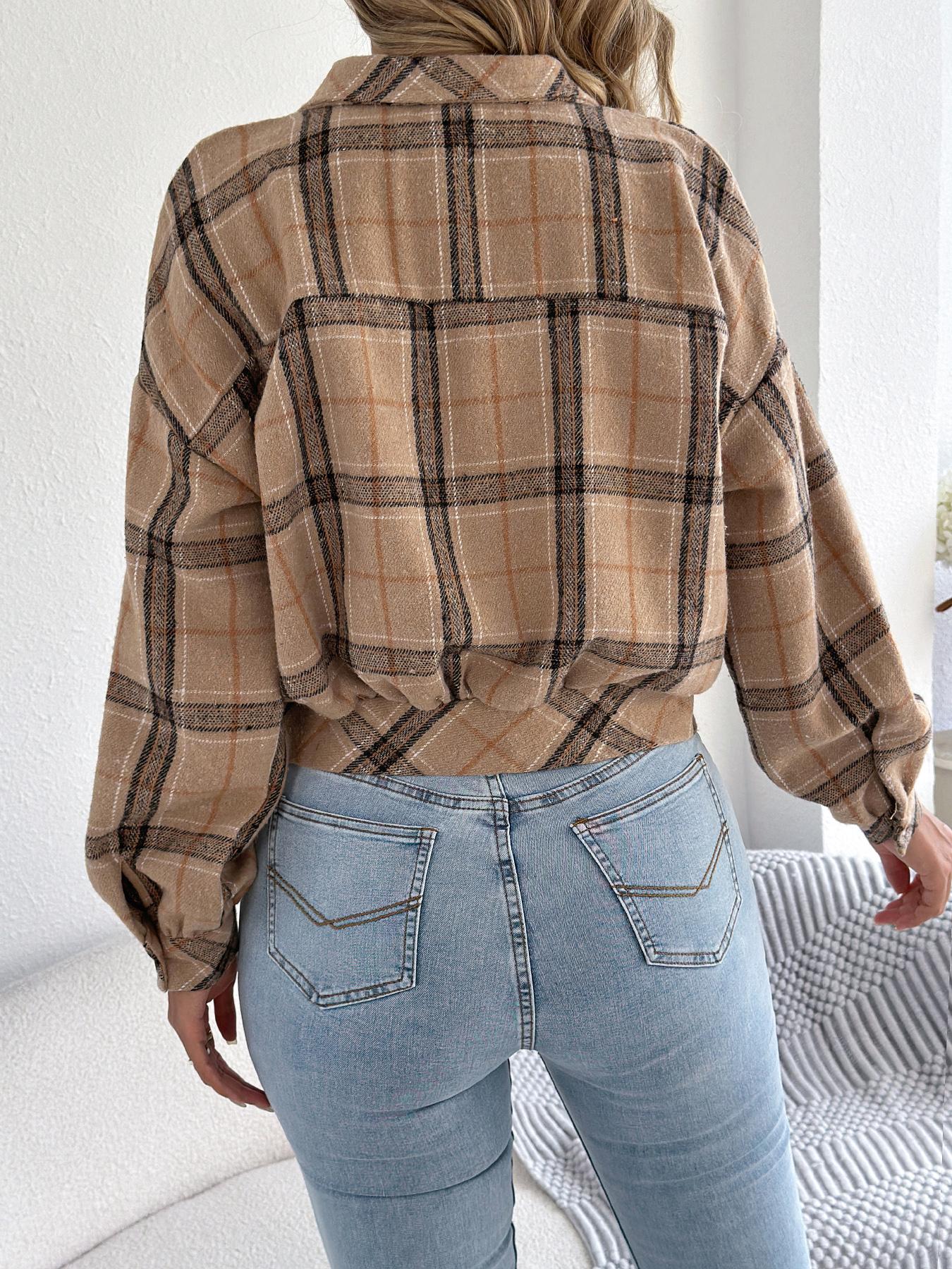 Women's Chic Plaid Print Button Front Drop Shoulder Jacket, Casual Long Sleeve Collared Outerwear for Fall & Winter, Ladies Clothes for Daily Wear