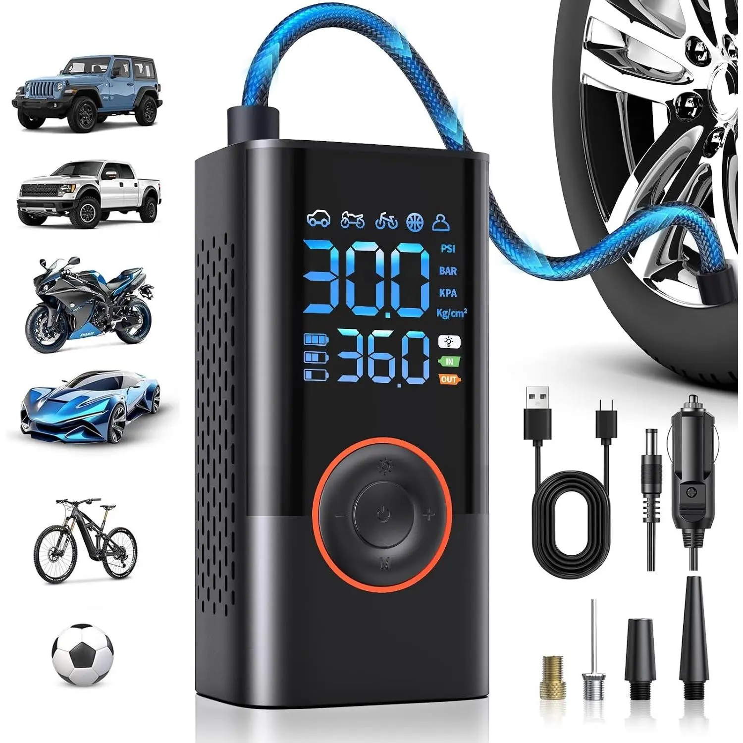 Portable Cordless Tire Inflator Air Compressor, 150PSI 3X Fast Inflation, Digital Pressure Gauge, Auto Shutoff, Large Battery, for Cars Motors Bikes BallsGift