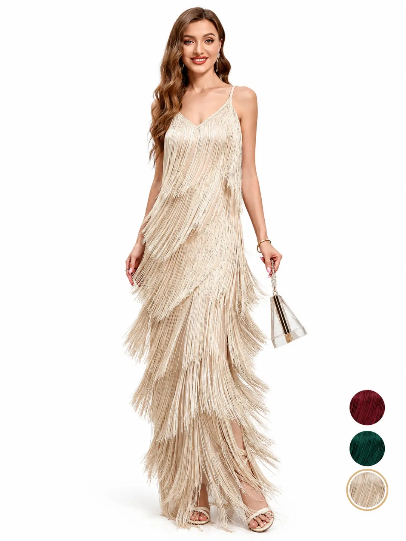 Women's Spaghetti Strap V Neck Tiered Fringe Maxi Dress, Sleeveless Flapper Long Formal Evening Gown for Wedding Guest Prom Cocktail Party Wedding, Prom, Birthday Formal Party