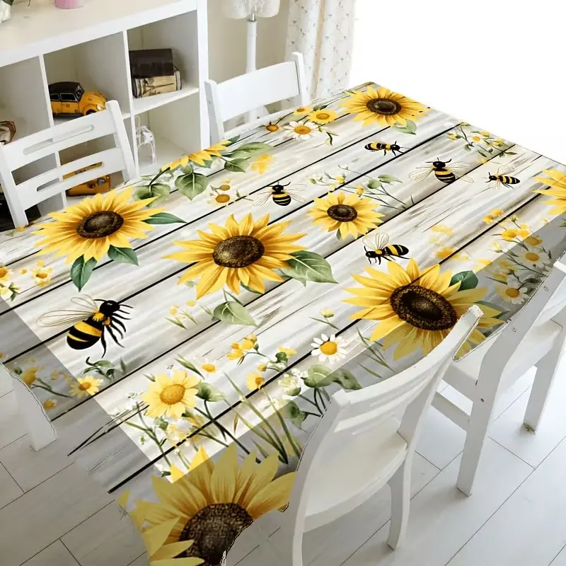 2D Flat Party Tablecloth 1pc, Sunflower and Bee Design, Rectangular Polyester, Ideal for Birthdays, Holidays, Home Decor, Party Decoration Supplies, Gift