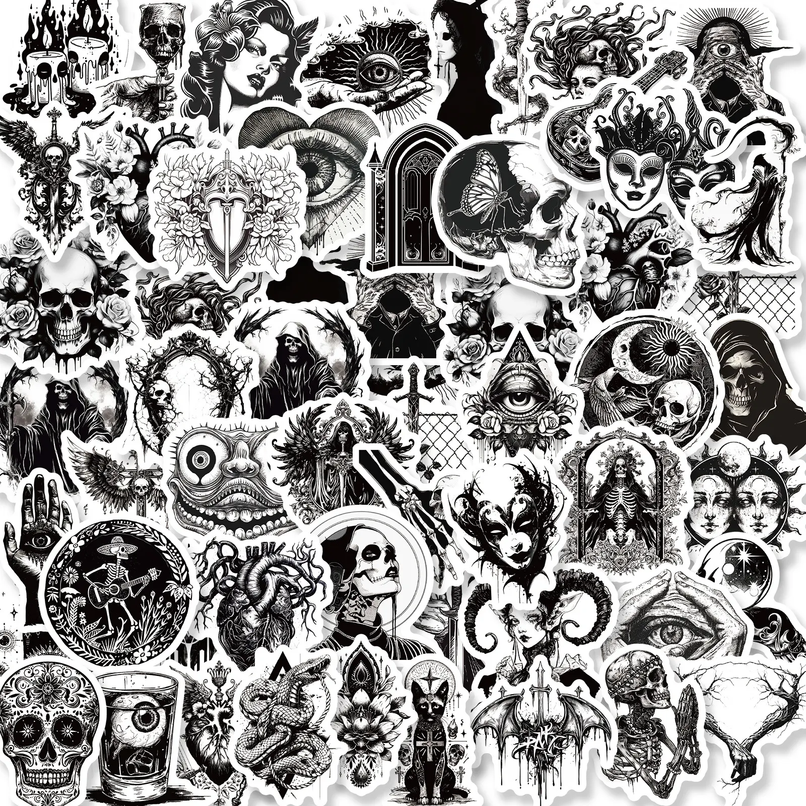 Stylish Black & White Gothic Stickers, 50Pcs Cool Skull Horror Design, Waterproof for DIY Decoration