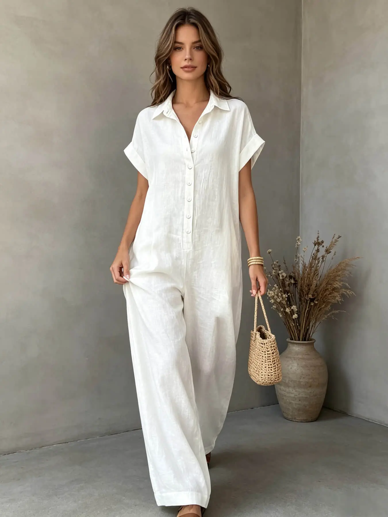 A lady's fashion French lazy-fit jumpsuit with a loose button-up design, featuring slimming wide-leg style. Perfect for summer, suitable for light social occasions, afternoon tea, vacation trips, commuting, and at-home wear.