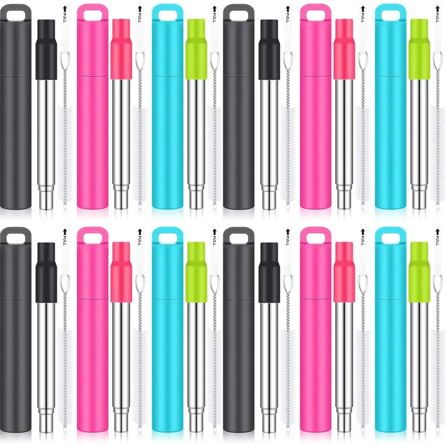 12 Pack Sturdy Stainless Steel Collapsible Drinking Straws with Plastic Case, Silicone Tip, Cleaning Brush - Long Telescopic Portable for Travel, Work (Kitchenware Drinkware Accessory)