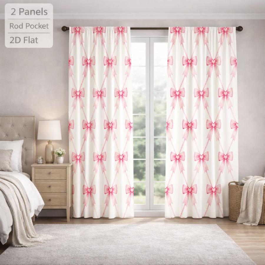 2Pcs Cute Pink Bowknot Pattern Curtains Digital Printed Rod Pocket for Bedroom Office Kitchen Living Room Study Home Decor Soft Light Filter Easy Installation