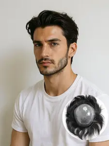 Men's Free DIY Style Top Hairpiece Toupee, Natural Black 15cm Straight Human Hair Replacement System, PU Base, Comfortable Breathable, Easy to Wear