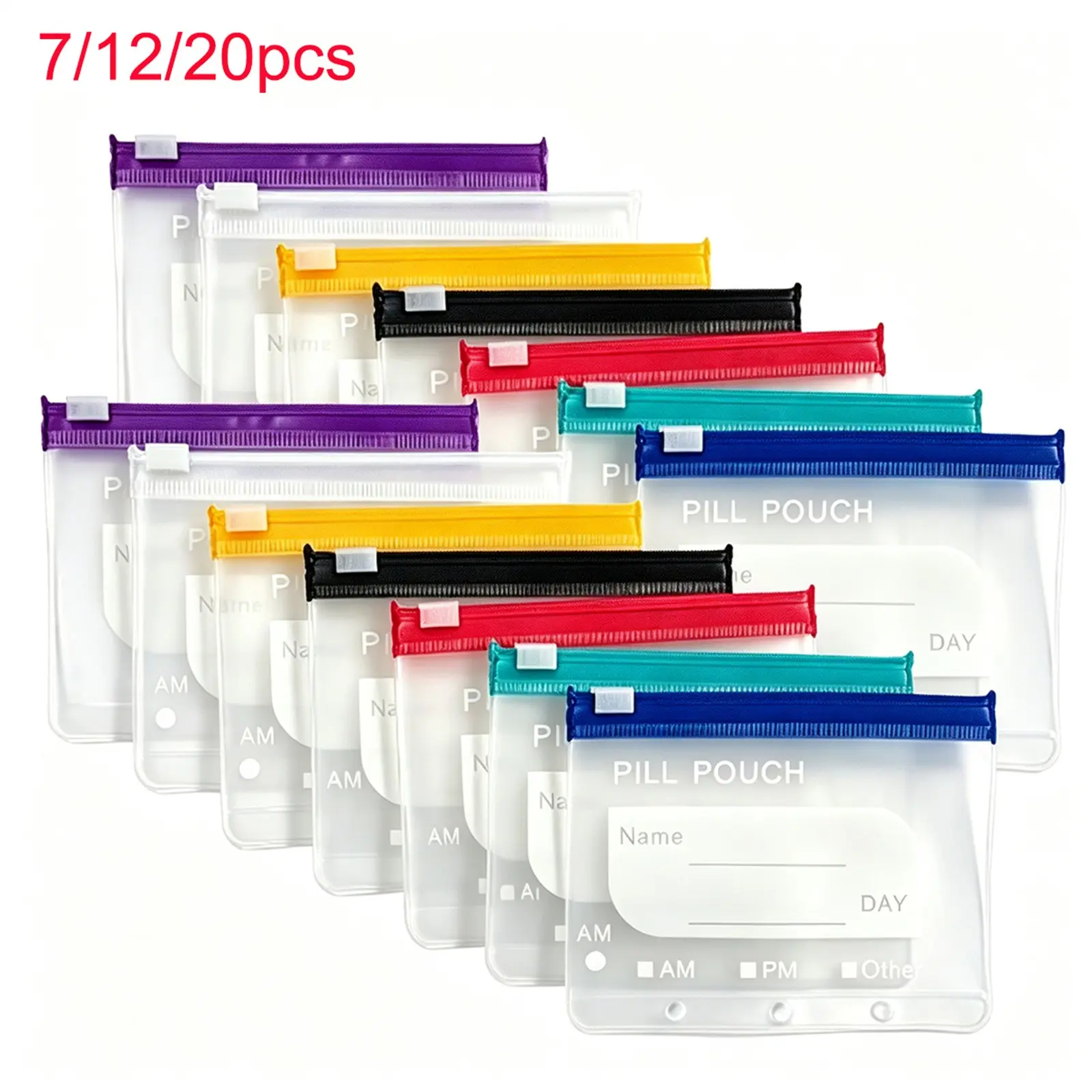7/12/20 Piece Zippered Medicine Bags Set, Reusable Semi-Transparent Drug Storage Pouches, Ideal for Pills and Small Items