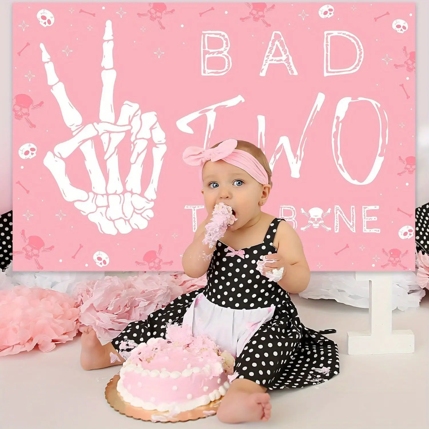 1Set Bad Two The Bone Backdrop Pink Skeleton 2anniversary Birthday Backdrop Banner Skull Theme Photography Background Cloth for Girls Kids Photo Booth Props Music Rock and Roll 2anniversary Birthday Party Supplies 5x3ft