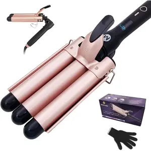 3 Barrel 1 Inch Ceramic Tourmaline Curling Iron Hair Waver Wand, LCD Temperature Display Fast Heating Foldable Travel Hair Crimper with Heat Resistant Glove, Gold