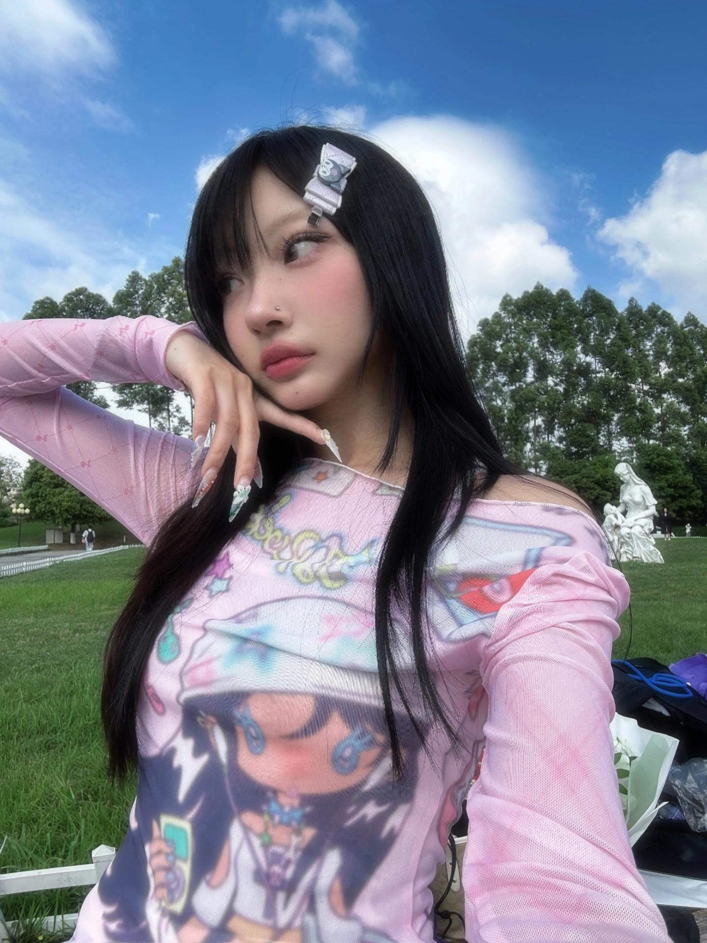 2000s Japanese Y2k Anime Print Mesh Tops 2000s Aesthetics Pink Sheer Top Vintage See Through T-shirt Lolita Womenswear Tshirt