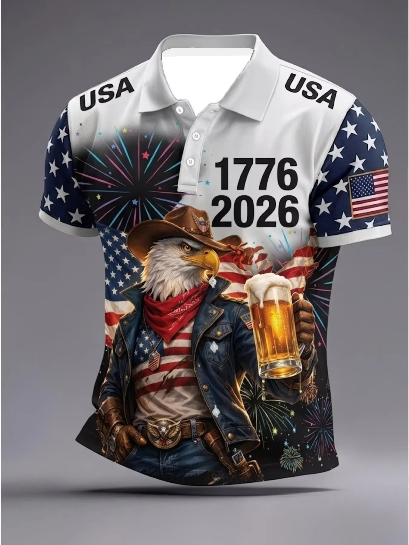 Men's American Independence Day 250th Anniversary Collared Polo Shirt, Short Sleeve, All-Over Print, Casual Fitted Style, Patriotic Theme, Eagle