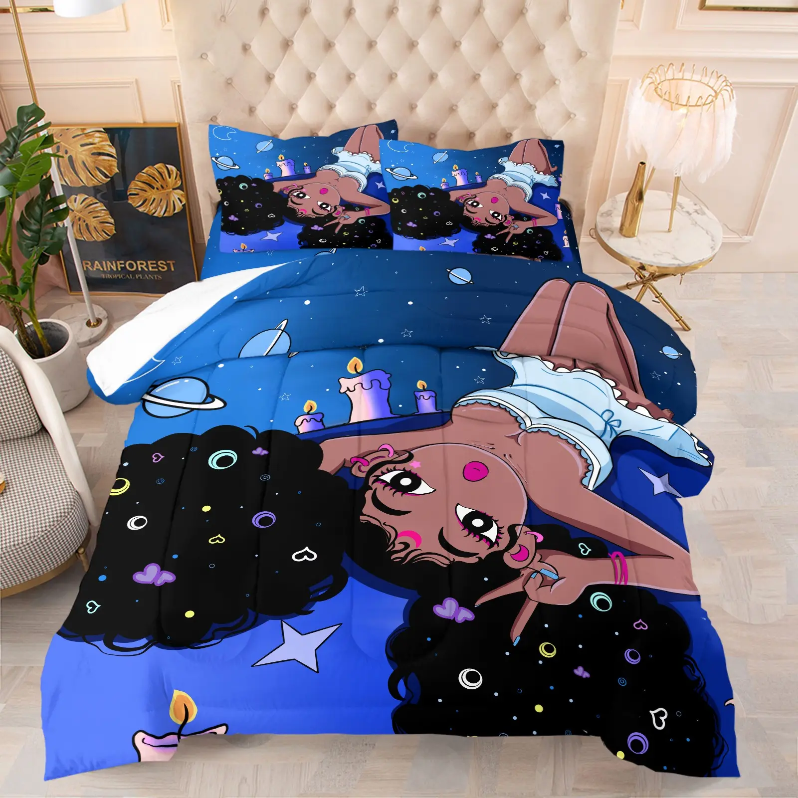 Cute Curly Afro Black Girl Comforter Set,  1 Quilt and 1-2 Coreless Pillowcases, Dark Blue Starry Sky And Planet Background With Heart And Star Prints, Skin-Friendly, Breathable, Stain-Resistant And Ultra-Comfortable, Perfect Gift For Girls Bedroom Decor