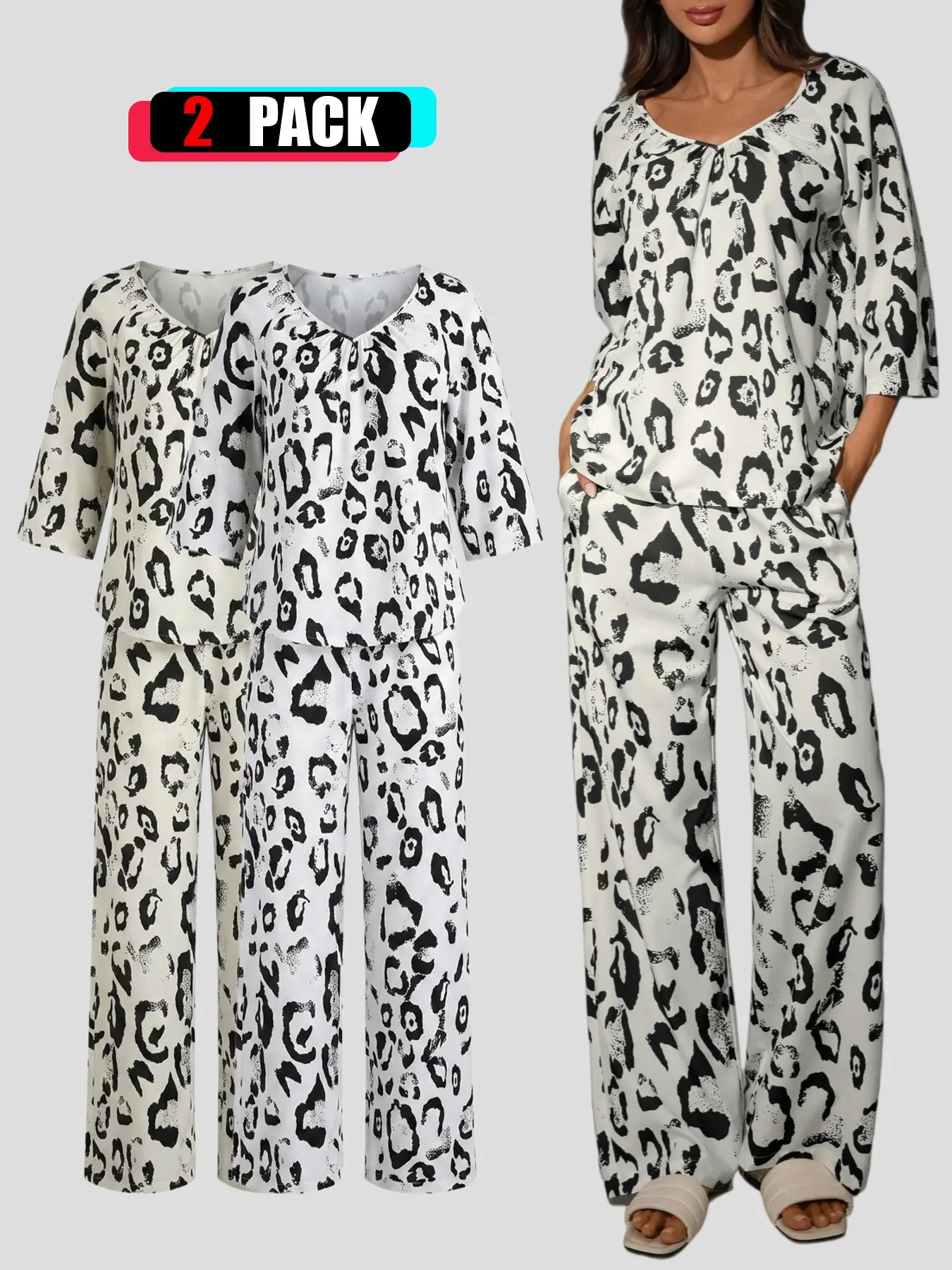 Women's Lounge Set 2 Piece, Leopard Print V Neck 3/4 Sleeve Pajama Set with Wide Leg Pants and Pockets, Soft Comfy Loungewear Outfit for Women, Relaxed Fit Sleepwear Set for Home, Travel & Everyday Wear