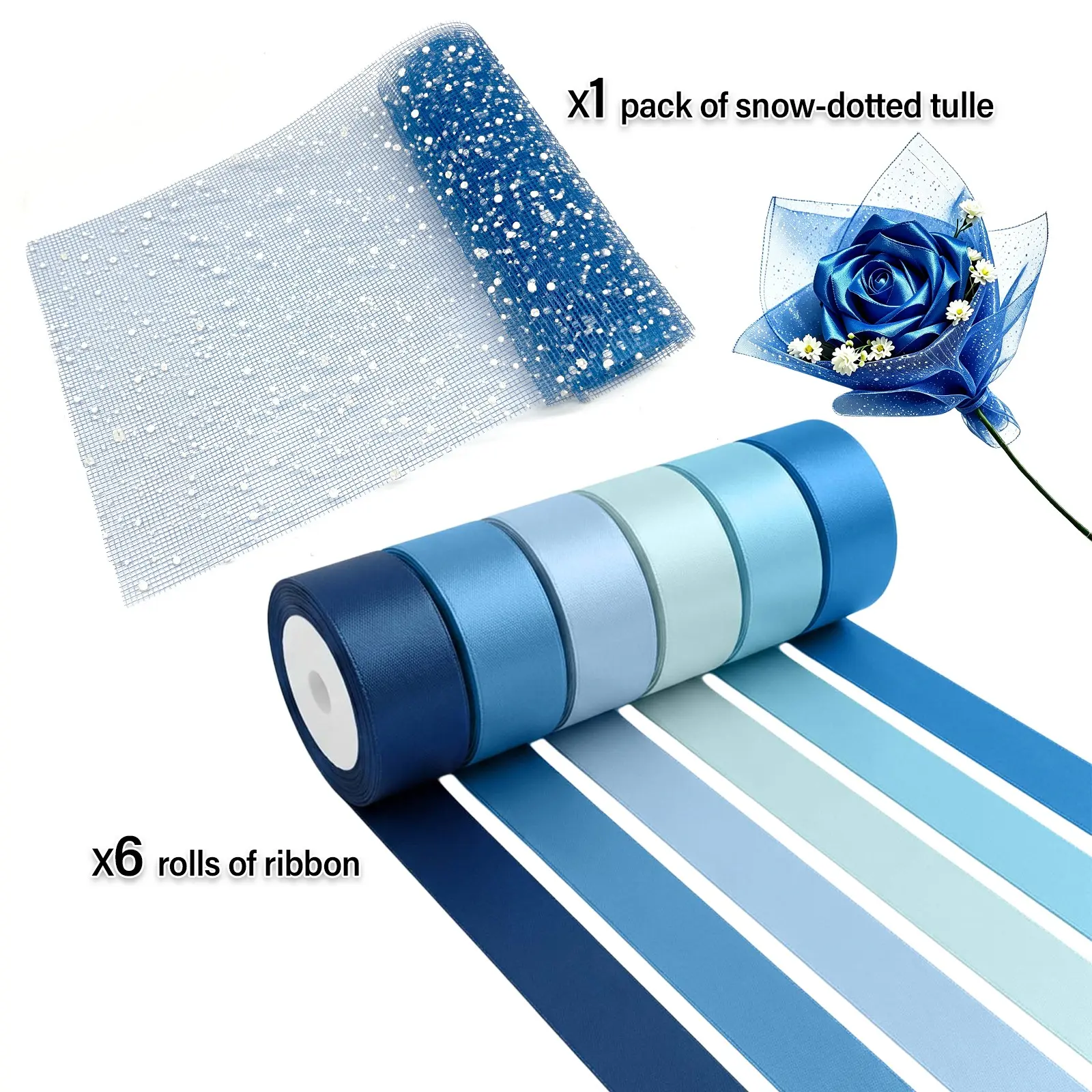 6 Rolls Ribbon + 1 Pack Snowflake Mesh Set, 2.5cm Wide, 4668.93cm Total Length, DIY Rose Making, Wedding Decor, Gift Bows, Holiday Packaging