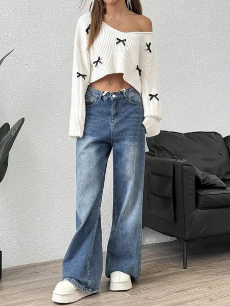 Elegant V Neck Bow Decor Sweater Knitwear, Short Casual Knit Pullover for Fall & Winter, Versatile Fashionable Women's Top