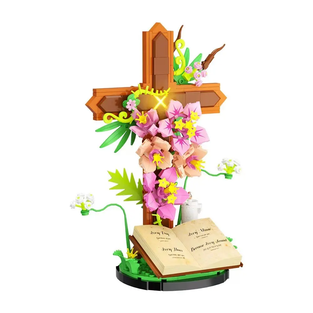 Creative Cross Flower Lego Model, DIY Religious Craft Kit, Desktop Decoration, Gift for Teens & Adults, Intellectual Puzzle Toy