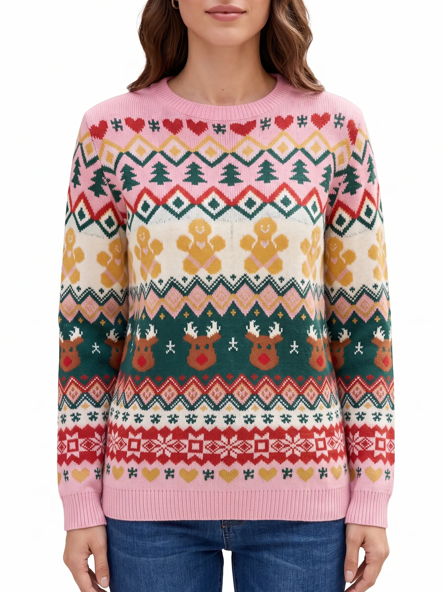 Women's Repeating Christmas Motif Sweater, Festive Top for Christmas Parties and Holiday Celebrations