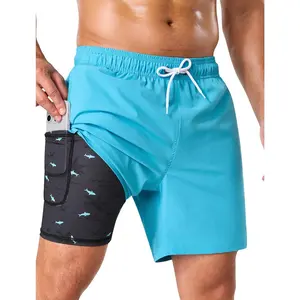 SILKWORLD Mens Swim Trunks with Compression Liner 2 in 1 Quick Dry Bathing Suit 7 Inch Swim Shorts with Zipper Pockets