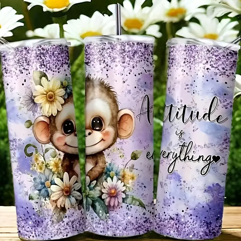 20oz Cute Monkey Purple Glitter Floral Skinny Tumbler, Inspirational Quote Stainless Steel Insulated Travel Coffee Mug, Perfect Gift for Her, Anniversary & Valentine’s Day Present
