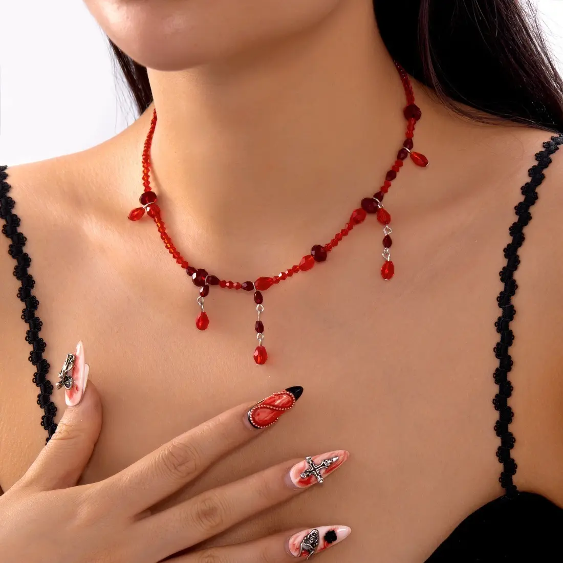 Women's Gothic Blood Drop Crystal Necklace - Dark Vintage Punk Aesthetic Jewelry, Stylish Female Accessory with Tassel, Adjustable Halloween Statement Pendant for Cosplay, Parties, Vintage Fashion Accessory Sets, Stylish Accessories