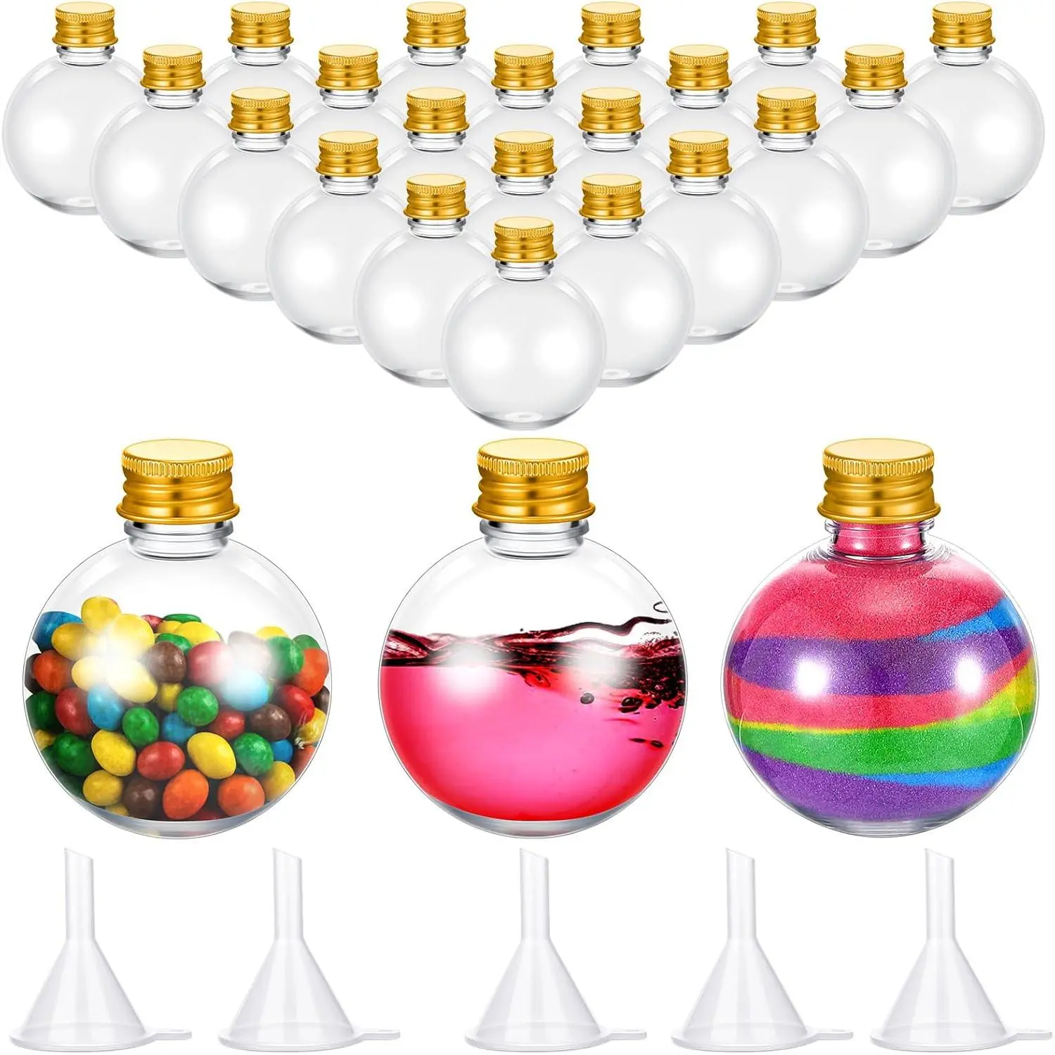24 Pcs 3.4oz Spherical Plastic Ball Shape Round Potion Bottles Sand Art Jar with 5 Funnels Decorative Candy Container for Valentines Birthday DIY Crafts, Gold Aluminum Lid