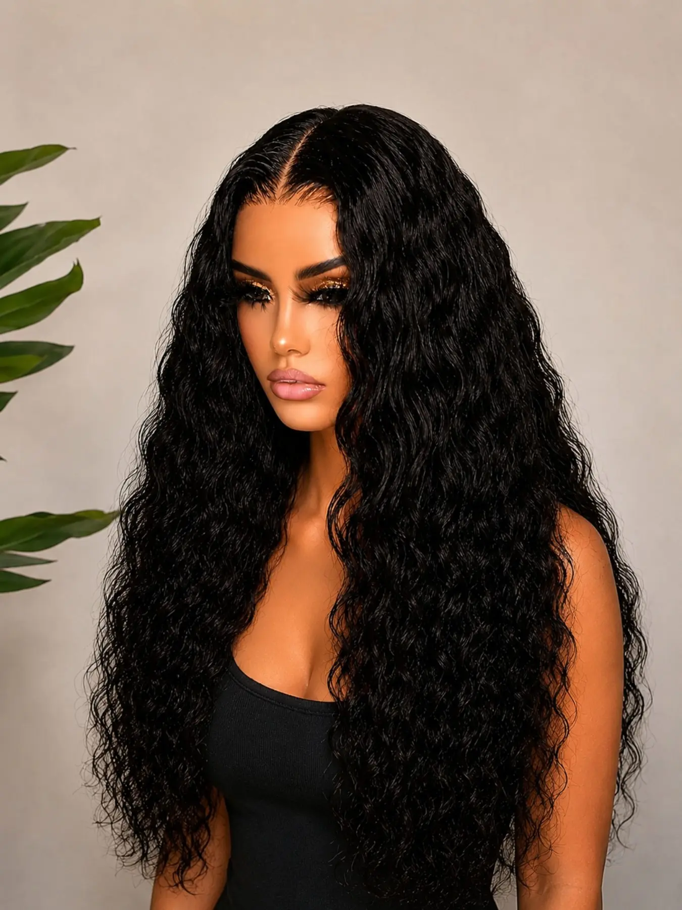 Ribacee 26-Inch Wavy Wig, No Glue, Easy Wear, Deep Wave, Wet Look, Women's Natural Comfortable Lightweight, Trimmable, Heat Styling Friendly, Glueless Wear Wig