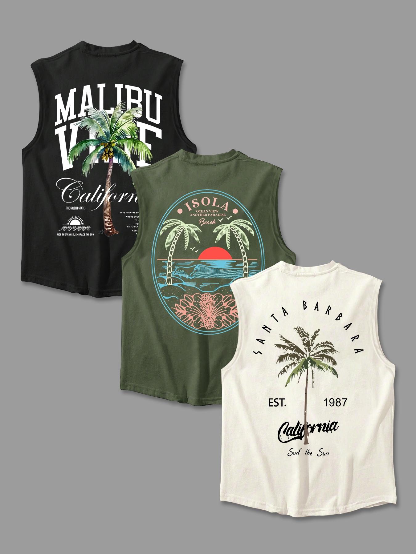Men's Letter & Palm Tree Print Round Neck Tank Top, Regular Fit Casual Graphic Sleeveless Vest for Summer, Men's Top for Daily Wear, Menswear, Tank Tops Workout