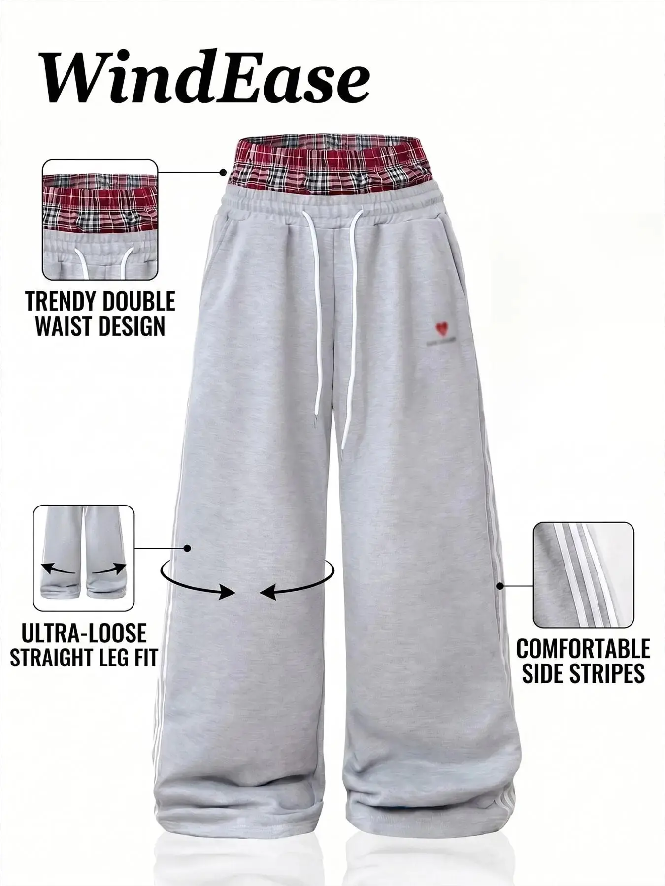 American Retro Dual Waistband Plaid Men's Straight Leg Drawstring Sweatpants, Loose-Fitting Drawstring Waist, All Seasons Street Style