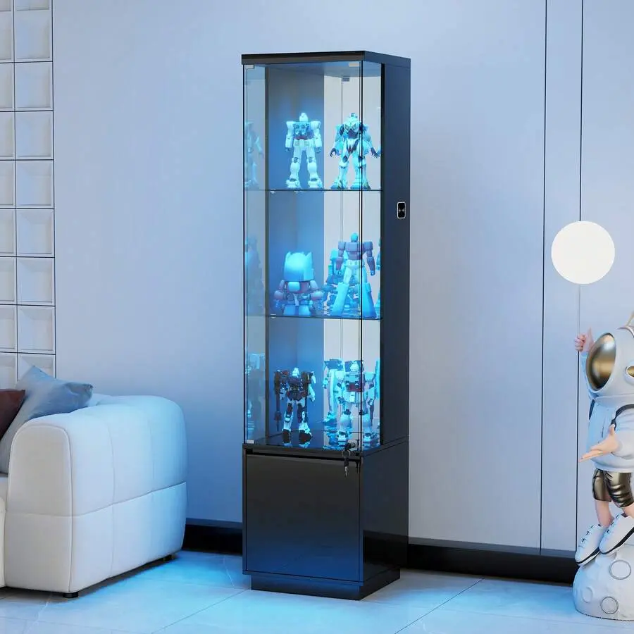 Lockable Curio Display Cabinet With Glass Door,65" Lighted Curio Cabinet With 3 Color Lights Collectibles,3-Tier Display Case With Human Body Sensor,Glass Gloss Storage Cabinets