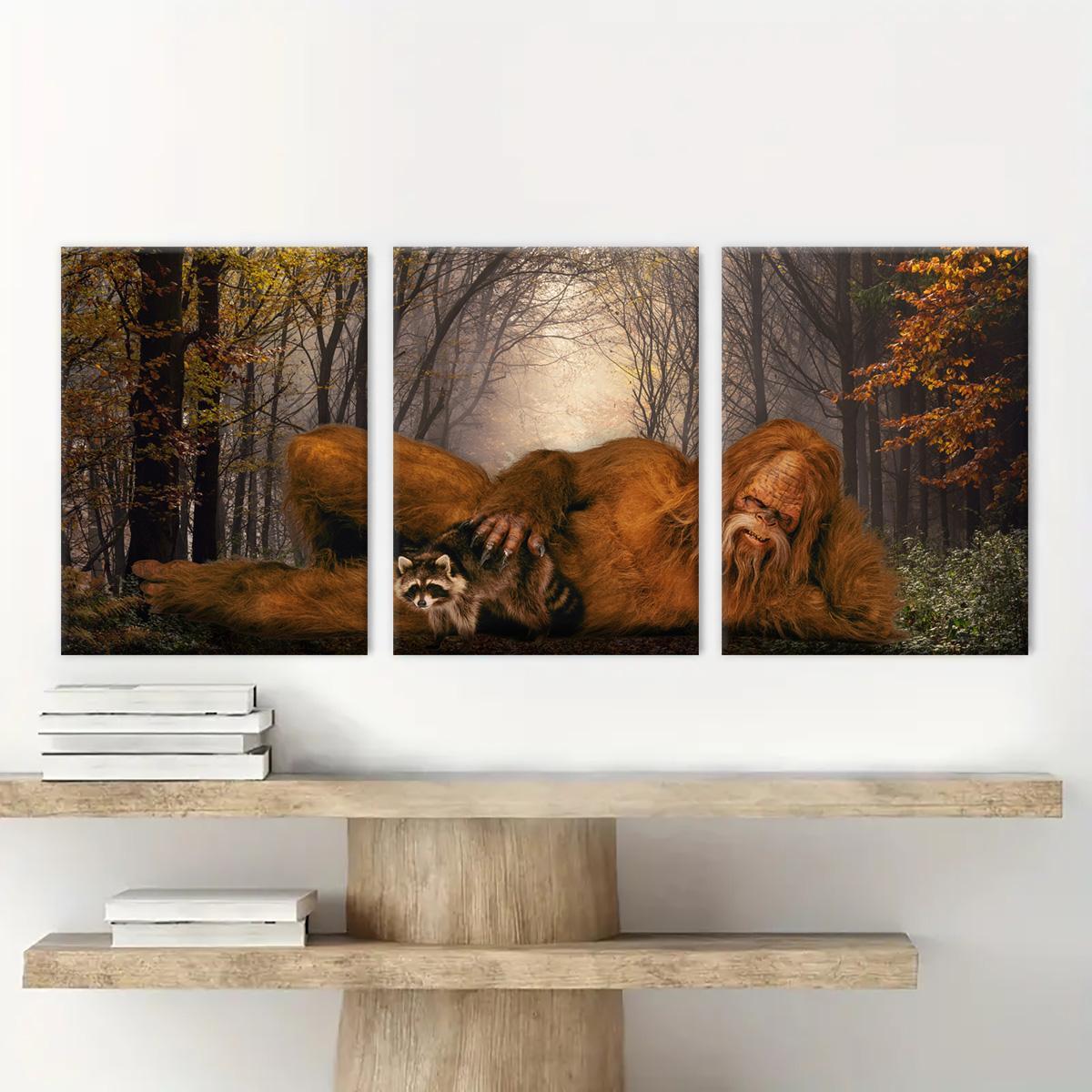 Wooden Framed Canvas Painting, 3 Counts/set Sasquatch & Animal & Tree Pattern Wall Art, Modern Wall Decor for Home Living Room Bedroom Office, Modern Home Decoration