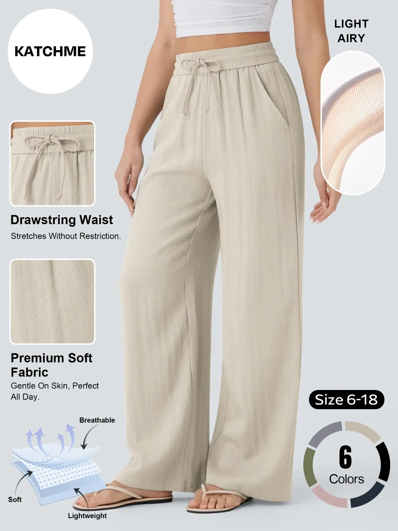 Women's High-Waisted Elastic Waist Adjustable Drawstring Side Pocket Wide Leg Casual Linen Pants, Loose-Fitting, All Seasons, Plain Pattern#TikTokMadeMeBuyIt#CleanGirl