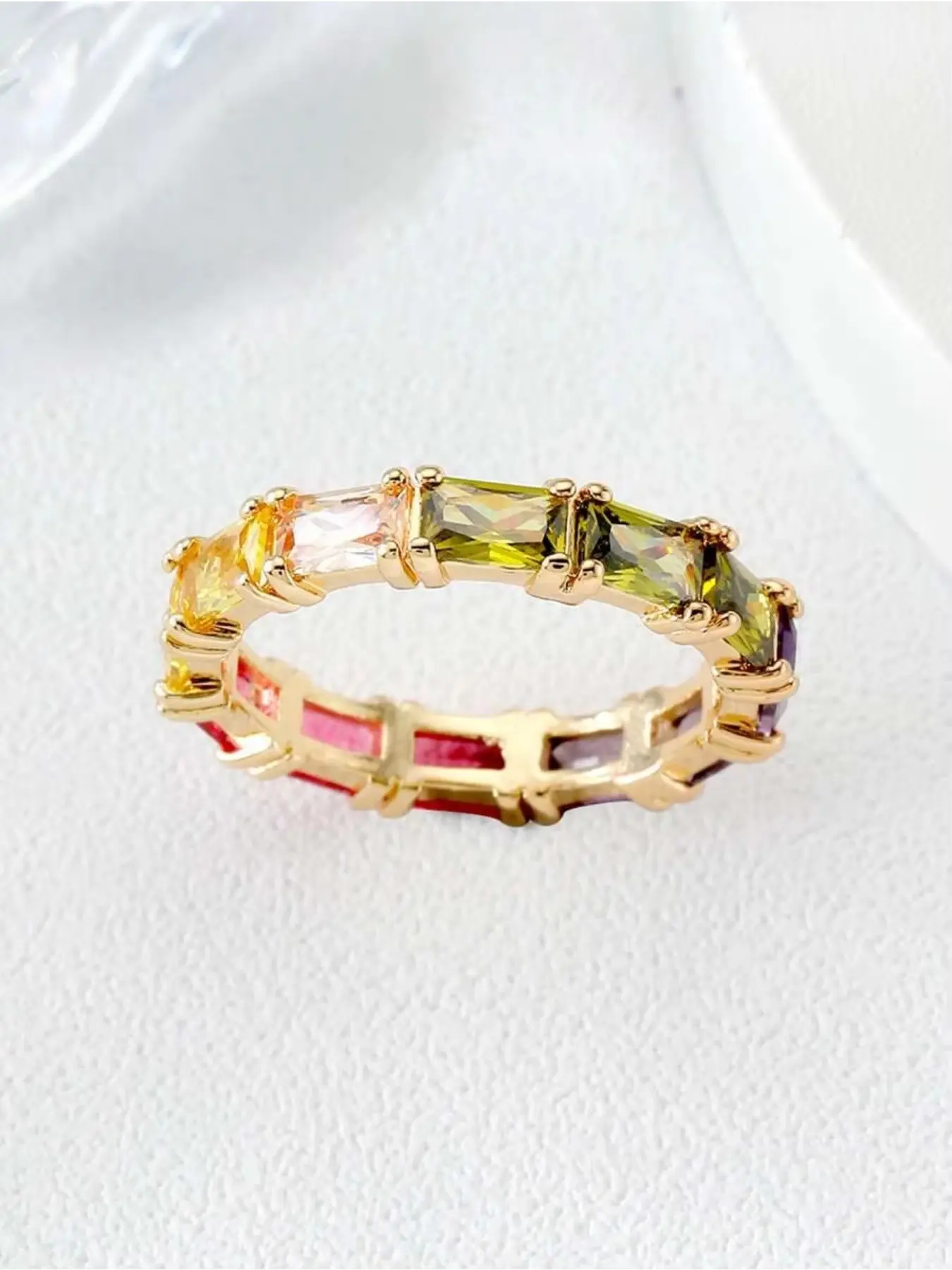 1 Piece Colorful Baguette Cut Zircon Full Band Ring, Rainbow Multi Color Rectangular Zircon Stack Finger Ring, Women Trendy Decorative Jewelry