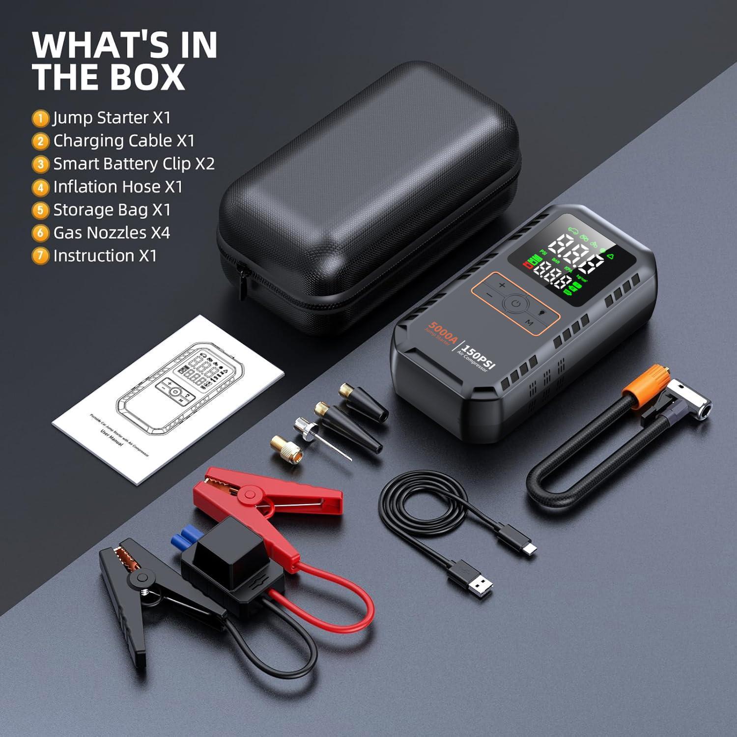 5000A 150PSI Car Jump Starter with Air Compressor Auto Tire Inflator Large LCD Display LED Light Portable 12V Battery Booster Power Pack Quick Jump Start for Gasoline Diesel Vehicles Universal for Cars SUVs Trucks Bikes Motorcycles RVs Boat Tires Multi Sa