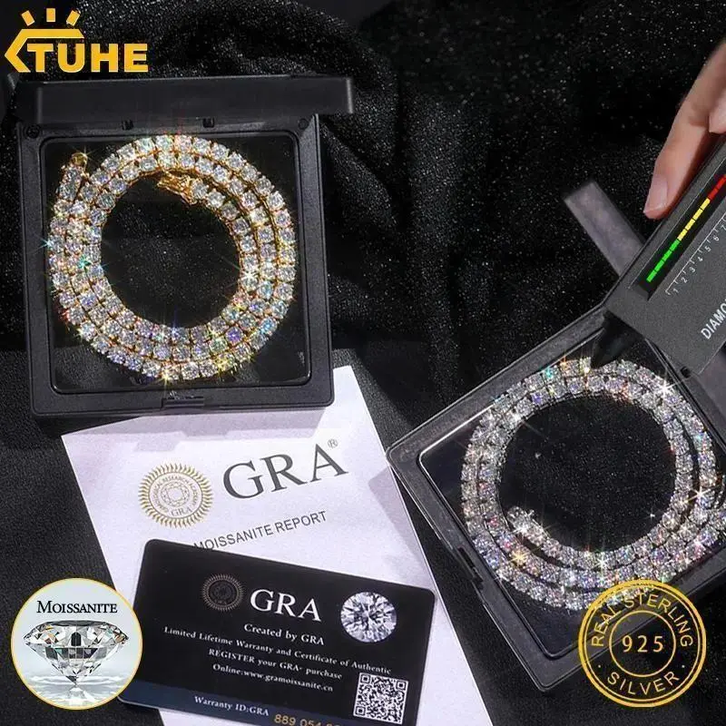 Unisex Moissanite Tennis 925 Necklaces VVS1 Moissanite Tennis Necklace Silver For Men Women Pass Diamonds Test