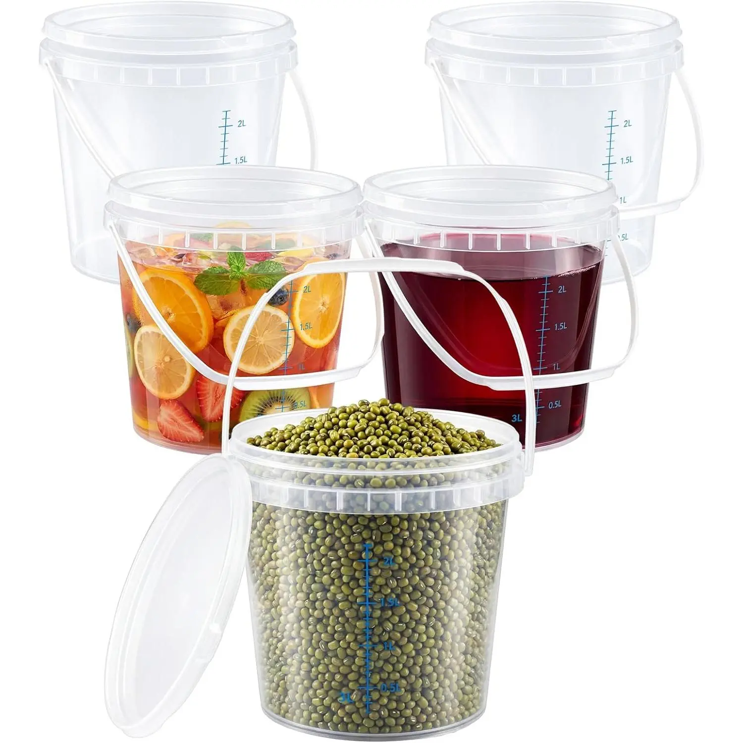 5 Pack 1 Gallon Clear Bucket with Lid Plastic Food Storage Containers for Kitchen Pantry, Meal Prep, Snack, Rice, Flour, Pet Food-Transparent Bucket with Scale Marks, 4 Quart