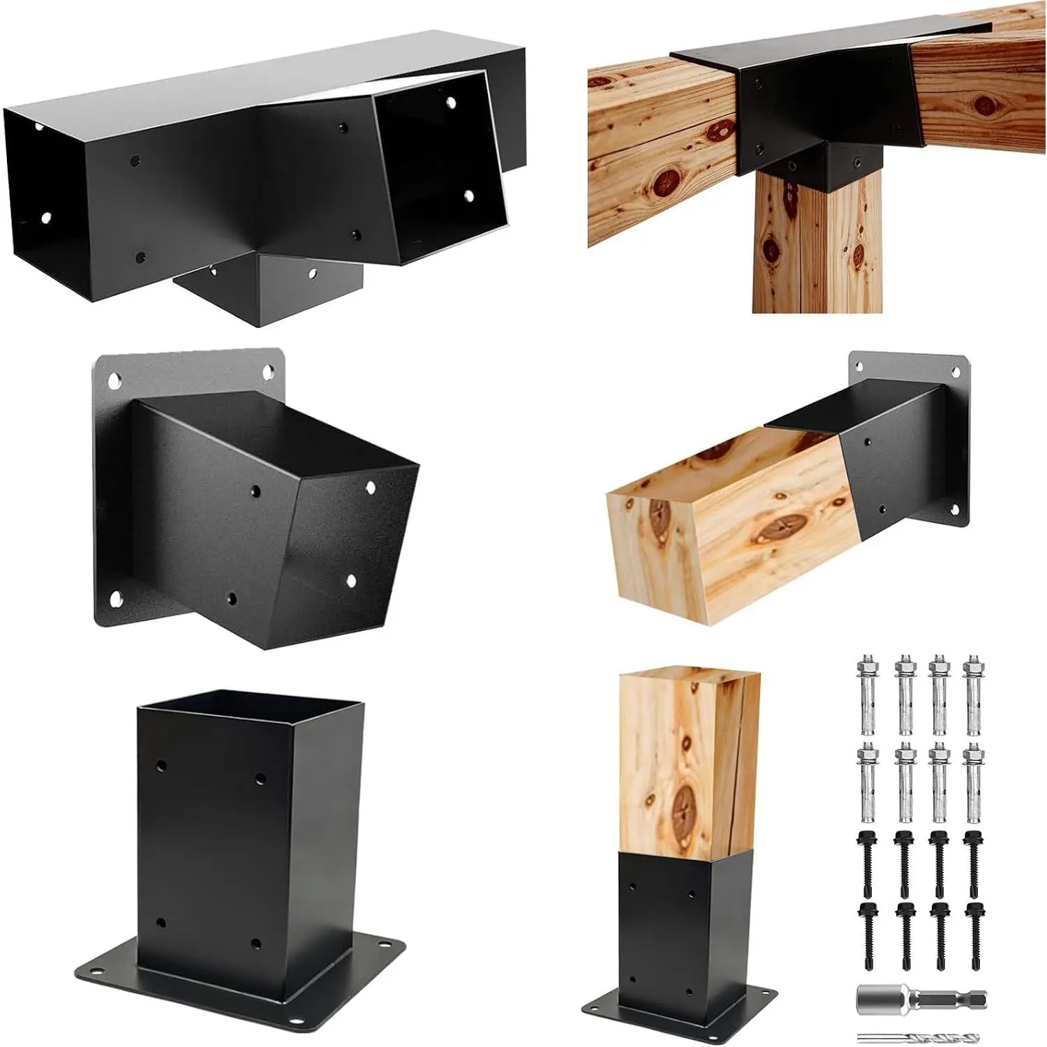15° 4-Way Pegola Bracket Kits,DIY Slant Roof  Brackets &  Base for 4"x4" (Actual:3.5"x3.5")  Psot to Beam Support,Heavy Duty Brackets for Pavilions,Gazebos,Pochs,Cabins(3Pack)