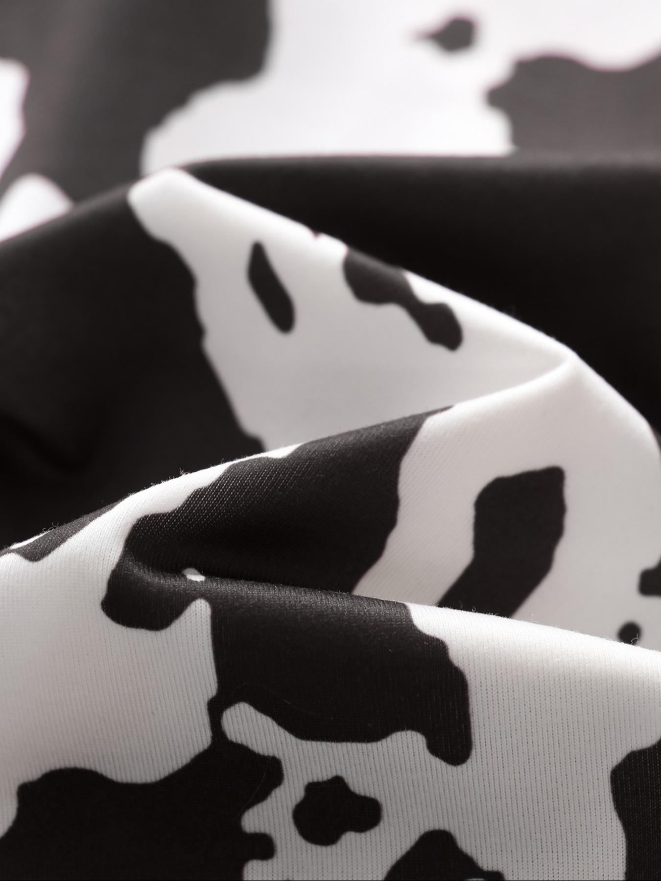 Women's Cow Print Notched Neck Crop Shirt & Shorts Pajama Two-piece Set, Elegant Comfy Short Sleeve Top & Shorts PJ Set, Ladies Sleepwear for All Seasons, Casual Sleepwear Set