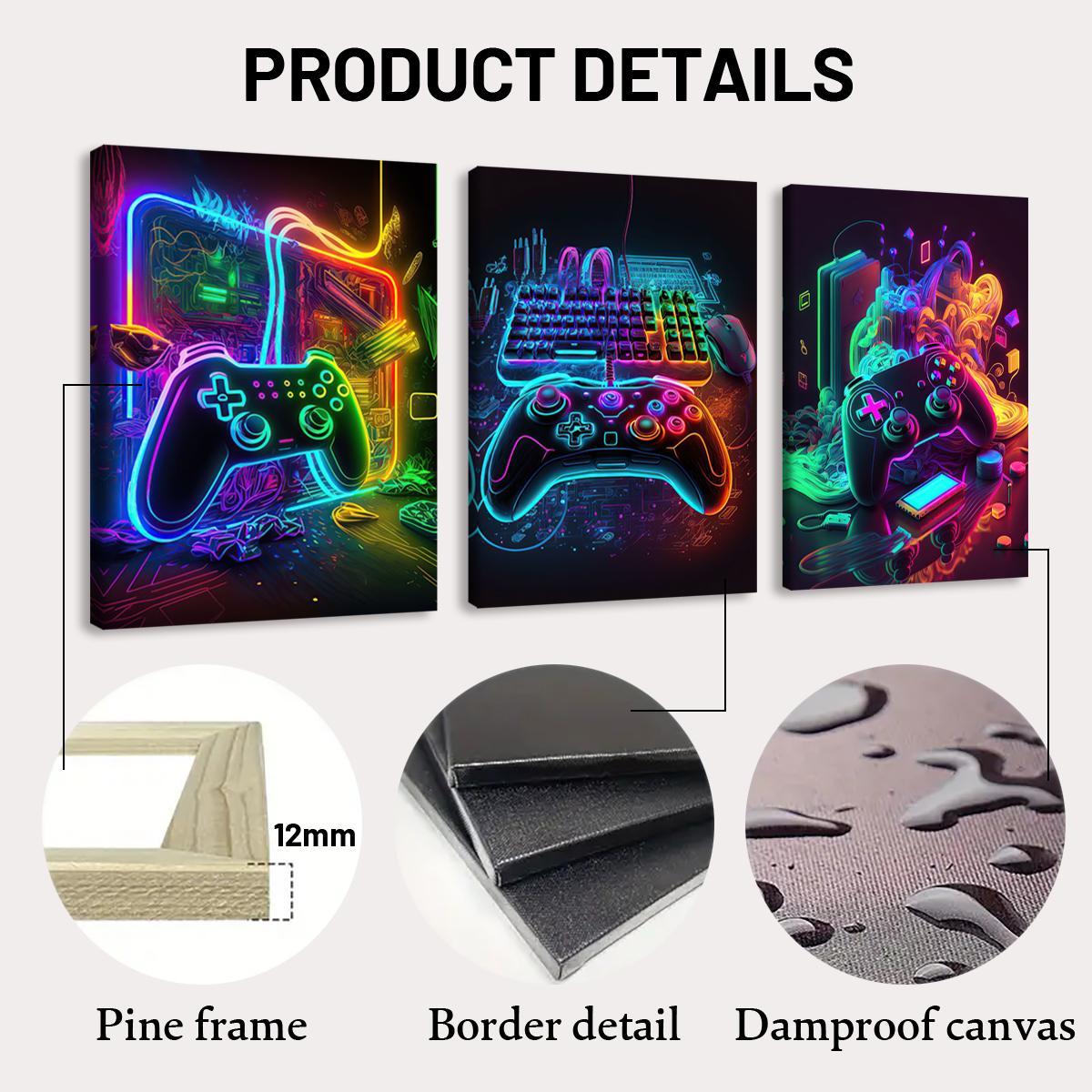 Modern Neon Gamepad Lightsaber Man Pattern Canvas Painting with Frame, 3 Counts/set Artistic Modern Wall Art Painting, Wall Art Decor for Home Living Room Bedroom Office, Wall Art Decoration
