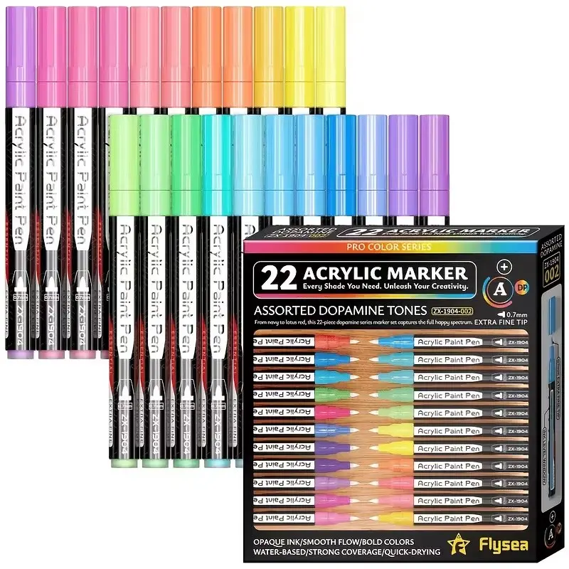 22 Color Acrylic Marker Set, Acrylic Paint Markers, Professional Coloring Series, 0.7mm Fine Tip, Suitable for Wood, Canvas, Stone, Glass, Ceramic, Adult and Artist Use