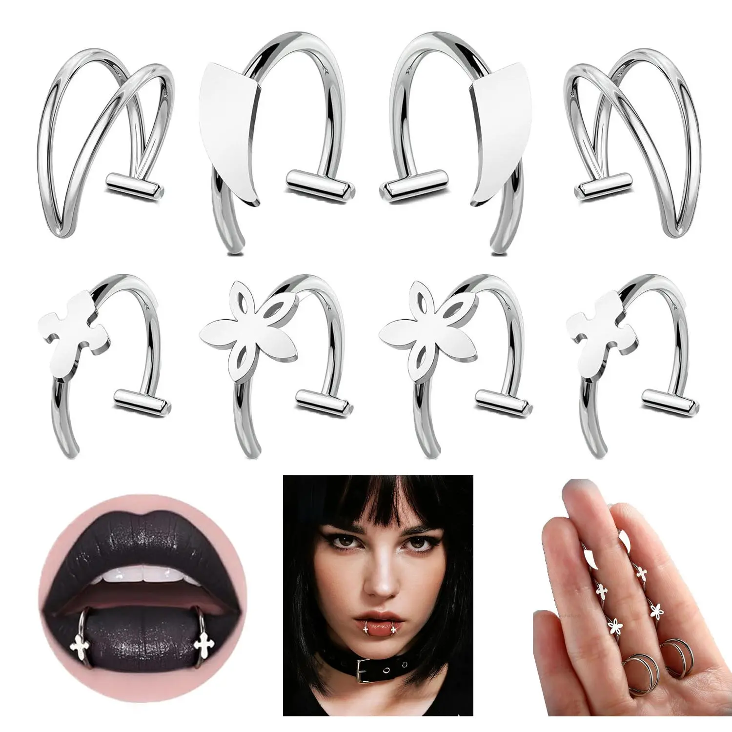 Unisex 8-Pcs 316L Surgical Steel Fake Piercing Jewelry Set - 18g (1.0mm) Bar Thickness, Hypoallergenic, Adjustable, Reusable, Cross Fake Lip Piercings, Lip Ring, Vampire Teeth, Double Hoop Nose/Ear Accessories, 10mm, Anniversary Gift, Temporary Ear Pierci