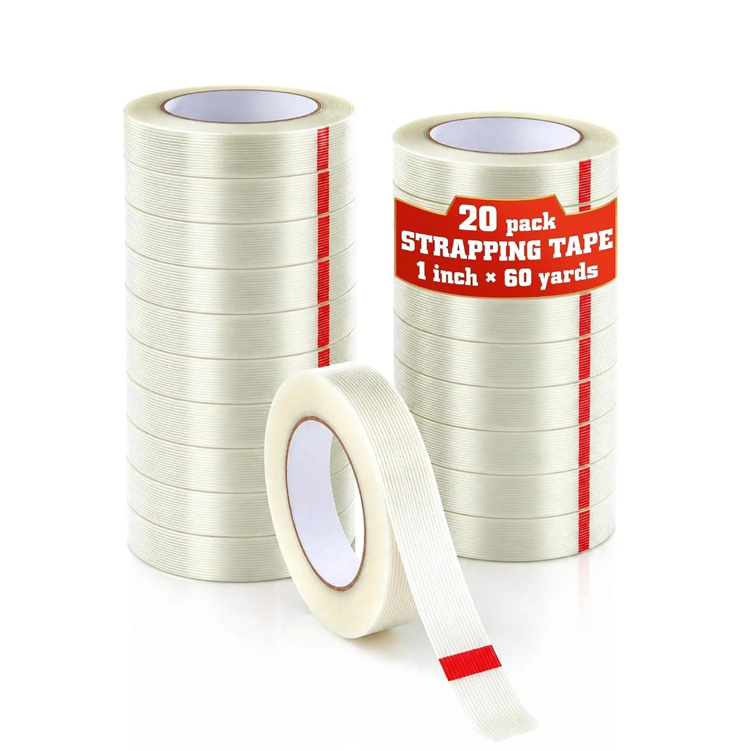 Filament Strapping Tape 1 Inch x 60 Yards, 20 Rolls 4.7 Mils Fiberglass Reinforced Heavy Duty Packing Tape, High Tensile Strength for Shipping, Bundling, Moving & Industrial Packing