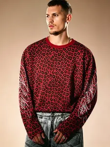 Unisex Retro Leopard Print Long Sleeve T-Shirt, Street Style Loose Fit, Waffle Fabric, All Seasons Wear, Plain Surface Design