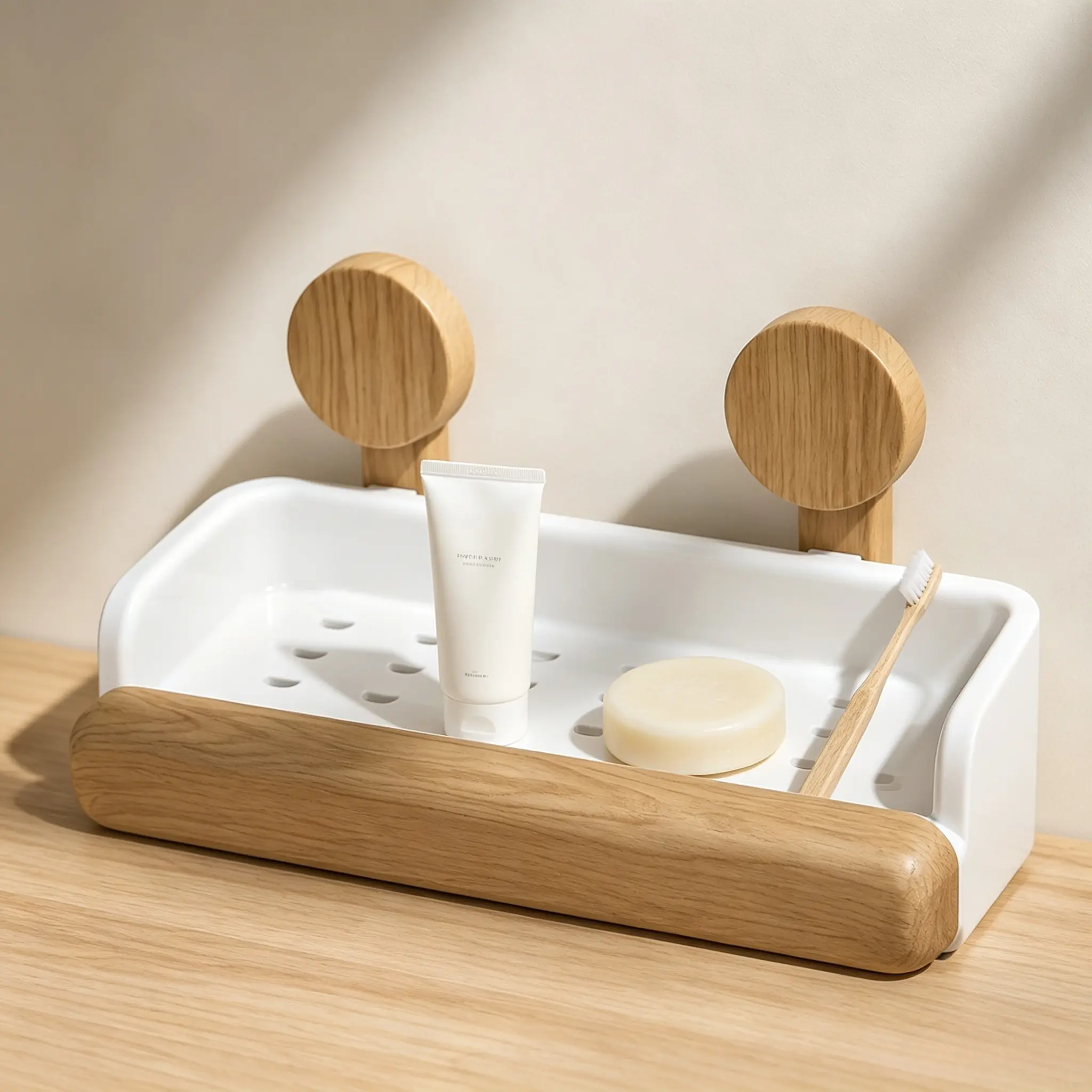 Drill-Free Wood Grain Bathroom Suction Shelf with Drainage Holes, Wall-Mounted Home Bathroom Shower Organizer Gadget